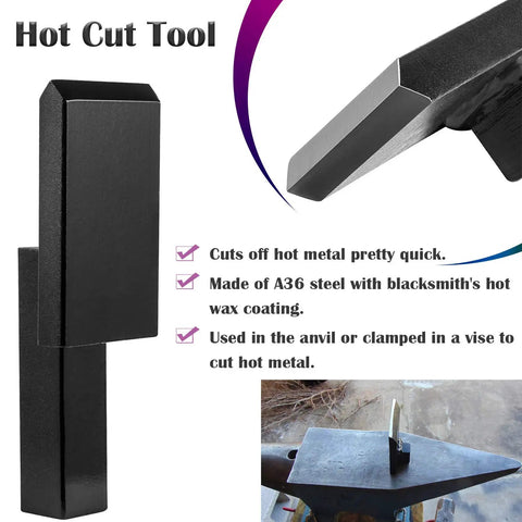 Pro Grade Five Piece Blacksmith Anvil Hardy Tool Set With Hot Cut Tool shown cutting hot metal on anvil