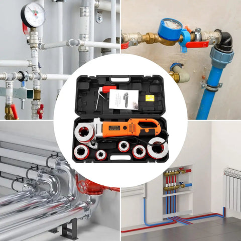 Heavy Duty 2300W Electric Pipe Threader With Portable Die Set For Cutting Water Gas Line Threads In Steel Copper Pipe Fast And Easy Diy Plumbing Tool kit with multiple die heads and tools.