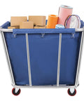 Straight Up Heavy Duty Stainless Steel Rolling Laundry Cart filled with boxes and rolls, 10 Bushel capacity for linens and storage.