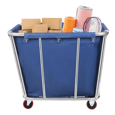Straight Up Heavy Duty Stainless Steel Rolling Laundry Cart filled with boxes and rolls, 10 Bushel capacity for linens and storage.