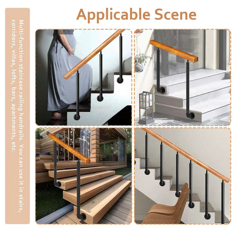 Level Up Your Porch Setup With This Adjustable Solid Wood Railing Kit Featuring Bombproof Iron Posts Wall Mounted Safety Handrail For Steps Yard Rust Proof Finish And Smooth Rounded Edges, displayed in multiple applicable scenes.