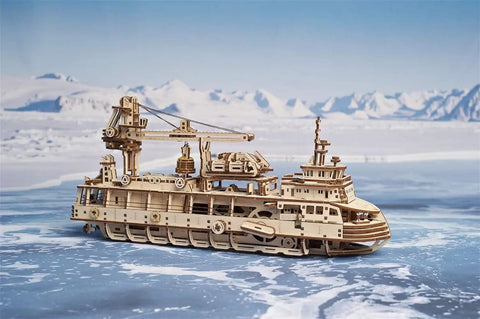 Research Vessel Mechanical Model Kit For Grownups 3D Wooden Puzzle With Rubber Band Motor Pendulum Regulator And Gear System Recreating Diesel Engine Rhythm For Brain Teaser Hobby And Home Decor, wooden ship model