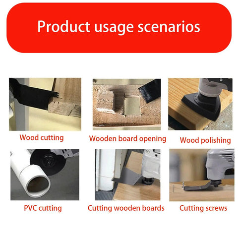 Do It All Oscillating Tool Blades Kit 57Pc Quick Release Set showing cutting and sanding uses for wood, plastic, and metal.