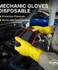 Badass Heavy Duty Nitrile Gloves With 6 Mil Yellow Raised Diamond Texture giving hand protection while using tools in an auto shop.