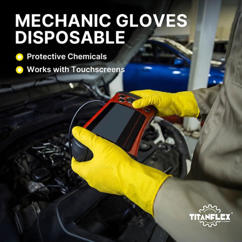 Badass Heavy Duty Nitrile Gloves With 6 Mil Yellow Raised Diamond Texture giving hand protection while using tools in an auto shop.