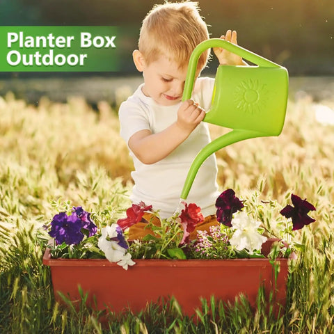 Kick It Up A Notch On Your Deck With These Sturdy Railing Planter Boxes Perfect For Balconies Patios And Windowsills Quick Setup Metal Brackets Included Deep Root Zone For Lush Greenery Classic Red Finish, child watering flowers in red planter box outdoors.