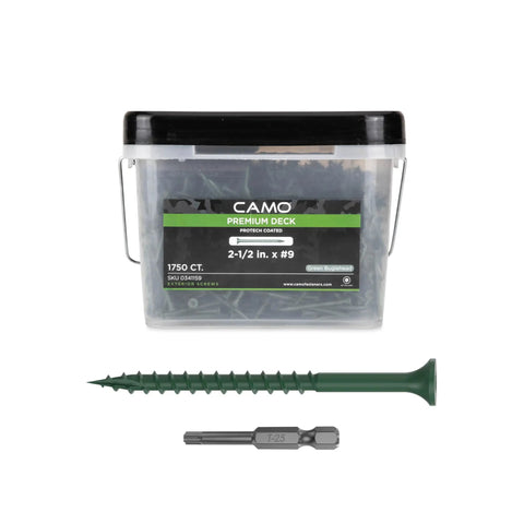 Top Shelf Green Deck Screws Two And A Half Inch Star Drive Bugle Head For Exterior Woodwork Built Like A Tank For Smooth Decking Jobs No Prep Work Needed Heavy Duty Bulk Pack Driver Bit Included in a clear container.