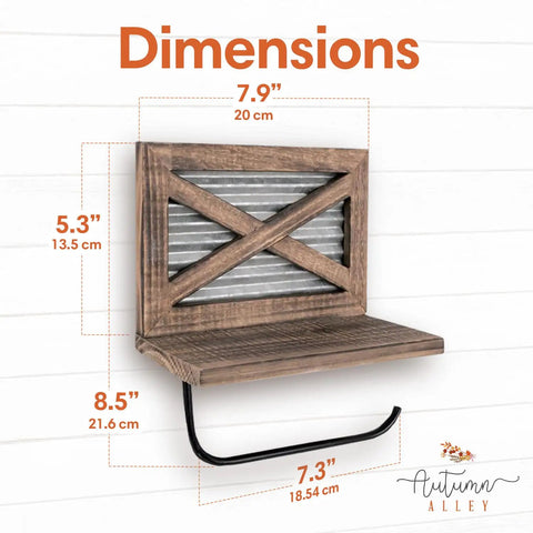 Rustic Farmhouse Toilet Paper Holder With Shelf For Wipes Wall Mounted Brown Wood With Weathered Wood And Galvanized Metal