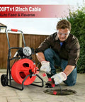 Person using Auto-Feed Electric Drain Snake Auger With 1800RPM Foot Pedal, 100FT X 1/2 Heavy Duty Cable for clogged pipes.