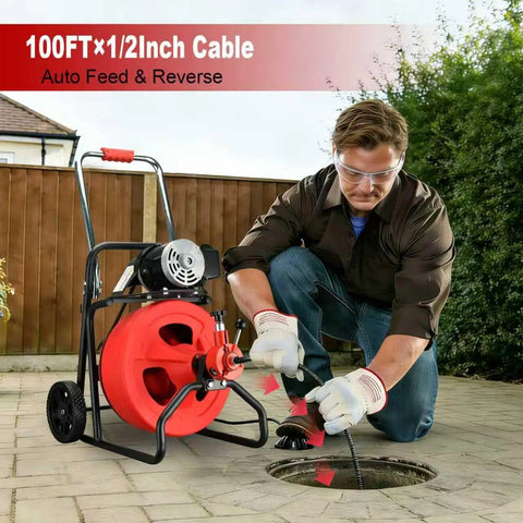 Person using Auto-Feed Electric Drain Snake Auger With 1800RPM Foot Pedal, 100FT X 1/2 Heavy Duty Cable for clogged pipes.