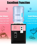 Tabletop On Demand Hot And Cold Water Dispenser For Desktop Use Portable Five Gallon Water Cooler With Cup Activated Dispensing Self Serve Hydration Station For Bedroom Dorm RV Office Pink And Black, showing heating and cooling functions with icons.