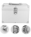 Front view of heavy duty aluminum storage box with double layer and lockable latch details, great for valuables and documents.