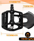 Bike Pedals With Toe Cages And Straps For Road And Mountain Bikes Compatible With Peloton, dimensions displayed, black color