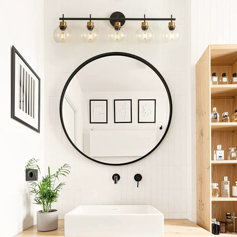 Black Gold Vanity Light Fixtures With Glass Shade 5 Light Wall Sconces Over Mirror in modern bathroom setting