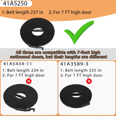 41A5250 Garage Door Opener Belt For 7 Ft High Doors 237 Inch Drive Belt Replacement shows compatibility differences