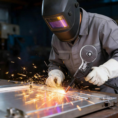 Welder using Beefed Up 130 Amp Spool Gun For Lincoln Magnum 100SG K2532-1 with copper cable on metal surface