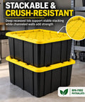 Heavy Duty 38 Gallon Storage Totes With Secure Snap On Lids 4 Pack Stackable Plastic Bins for garage with yellow lids.