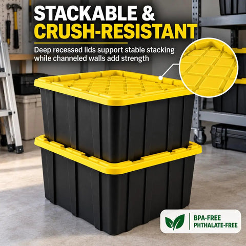 Heavy Duty 38 Gallon Storage Totes With Secure Snap On Lids 4 Pack Stackable Plastic Bins for garage with yellow lids.