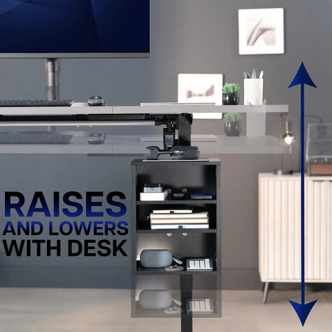 Clamp-On Under Desk Shelving Unit For Office Supplies, Gaming Devices, And More, Multi Level Desk Organizer, Space Saving C-Clamp Shelves, Black Finish, shown attached to desk with items.