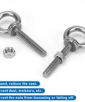 Six Pack M6 Stainless Steel Eye Bolts With Nuts, 2 Inch Thread Length, Heavy Duty Eye Bolts For DIY Projects, Furniture, Swing Sets, And Outdoor Use, Corrosion Resistant And Ready To Install, shown in side view with nut.