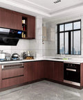 Slick Peel And Stick Countertop Wrap Featuring Sweet Dark Walnut Wood Grain in modern kitchen cabinets and countertops.