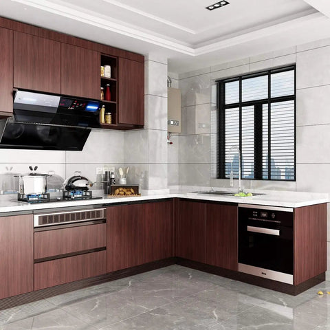 Slick Peel And Stick Countertop Wrap Featuring Sweet Dark Walnut Wood Grain in modern kitchen cabinets and countertops.