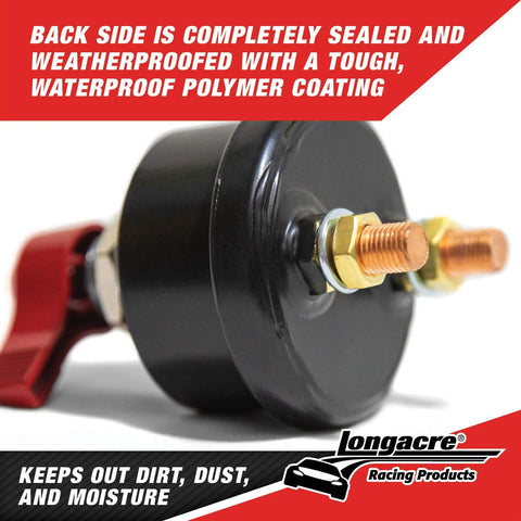 Longacre 45753 weatherproof battery disconnect with black housing, red lever, and copper terminal posts