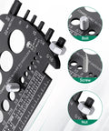 Front view of plastic bolt gauge with metric and SAE sizing; inset shows bolt, screw, and nut