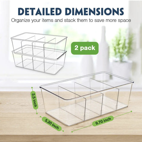 Heavy Duty Clear Plastic Pantry Storage Totes With Removable Dividers 2 Pack Kitchen Cabinet Organizers, dimensions 9.7x5.2x3.5 inches