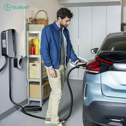 Man using Level 2 EV Charger 48 Amp Indoor Outdoor With SAE J1772 Connector And NEMA 14 50 Plug 25 Ft Cable