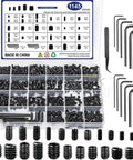 Screw Assortment Kit With Hex Drive Cup Point Grub Screws 1145-Piece SAE And Metric Set Includes Custom Hex Keys And Tweezers For Home Repairs, DIY Projects, And Handy Fixes, black steel screws and hex keys in organizer box