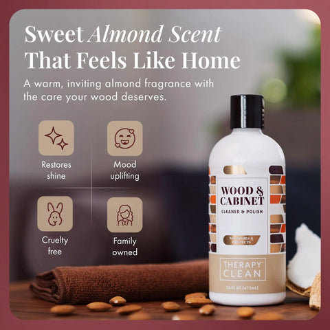 Wood Care Bundle With 16 Oz Polish And Premium Microfiber Cloth, Almond Scent Wood Cleaner bottle displayed with cloth