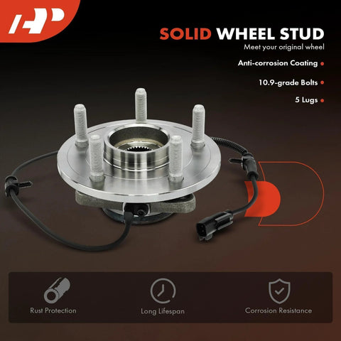 Two Front Wheel Bearing And Hub Assembly With ABS For Ram 1500 2012 2018 And 1500 Classic 2019 2022 Five Lug High Load Roller Bearing Hub Replacement For Smooth And Quiet Ride shown with anti-corrosion coating and ABS sensor cable