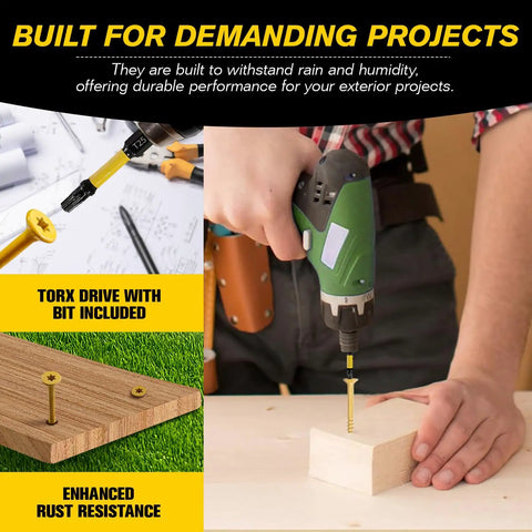 Pro Grade Size 10 X 2-1/2 Inch Yellow Star Drive Wood Screws, 120 Pack Self Tapping Deck Screws With Free 50mm T25 Bit in use