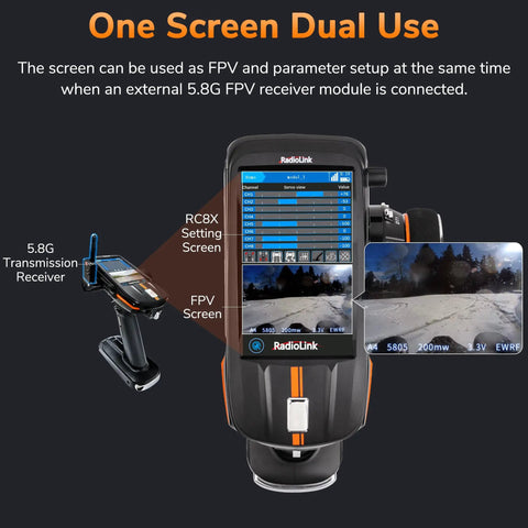 8 Channel 2.4G RC Transmitter With R8FG And R4FGM V2.1 Gyro Receiver Voltage Telemetry Surface Remote Control Pro Grade Beast 4.3 Inch IPS Touch FPV Screen For RC Crawlers Drifting Cars And Boats displaying dual use screen features, showing FPV view and setting screen.