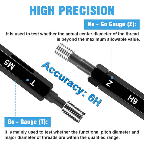 Close-up of Five Piece Metric Thread Plug Gauge Set 6H Go No Go With Durable Storage Case showing precision accuracy.