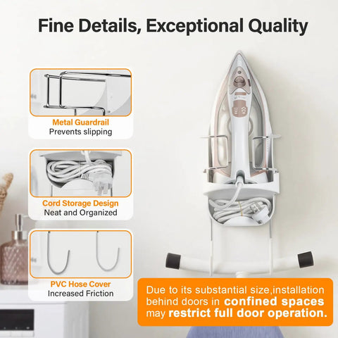 Space Saving Ironing Board Hanger Wall Mount For Laundry Room Storage Organizer White No Fuss Easy Mount Holder with iron and cord storage