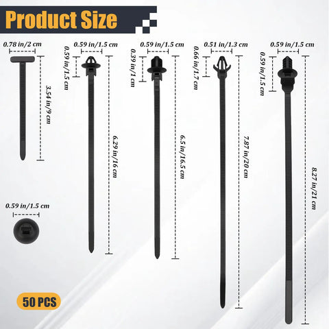 Heavy Duty Nylon Push Mount Cable Zip Ties Kit, 50 Pack, 5 Sizes with dimensions, Black UV Resistant for Auto and Home Repairs