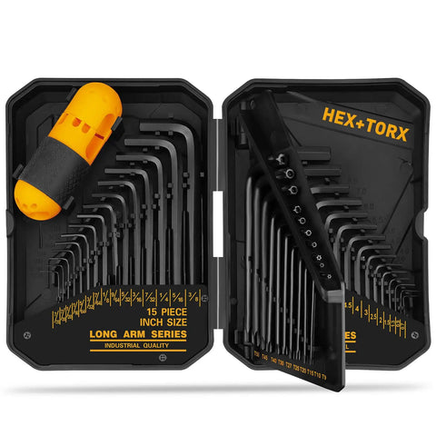 41 Piece Hex Key And Torx Wrench Set With Torque Handle In Storage Case Includes SAE And Metric Sizes 0.028 To 0.375 Inches And 0.7mm To 10mm Plus Torx T9 To T50 Heat Treated Chrome Vanadium Steel visible in open case