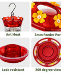 Outdoor Hummingbird Feeder 18 Oz With 6 Bee Guard Ports, Built-In Ant Moat, 360 Degree View, showing various features