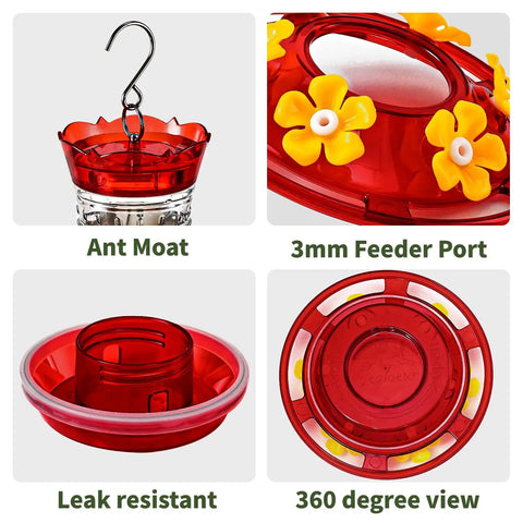 Outdoor Hummingbird Feeder 18 Oz With 6 Bee Guard Ports, Built-In Ant Moat, 360 Degree View, showing various features