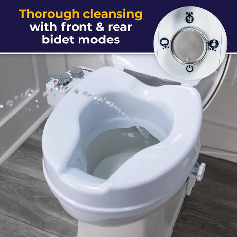 Raised Toilet Seat With Bidet Sprayer, Adjustable Temperature, 4 Inch Elevating Toilet Seat Riser For Seniors, Easy Clean.