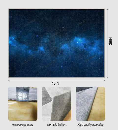 Chair Mat for Hardwood Floors 48x36 Inches Under Desk Protector for Rolling Office Chair on Low-Pile Carpet Anti-Slip Floor Shield in Blue Starry Sky Pattern with dimensions and features shown.