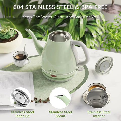 Green Gooseneck Electric Kettle 1L 1500W for Pour Over Coffee and Tea, Stainless Steel BPA Free Water Boiler With Auto Shutoff
