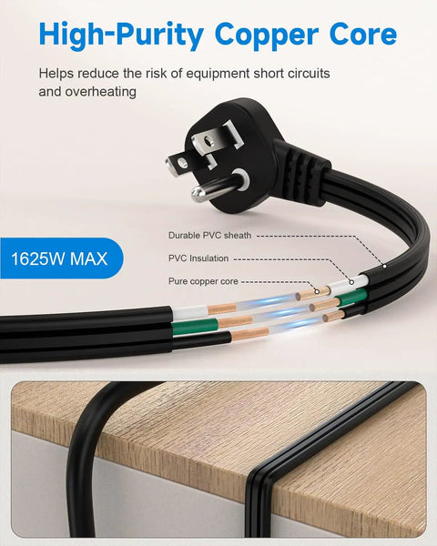 Close-up of Ultra Thin Flat Plug Extension Cord 1Ft Right Angle Low Profile 3 Prong Grounded Power Cable with exposed high-purity copper wires.