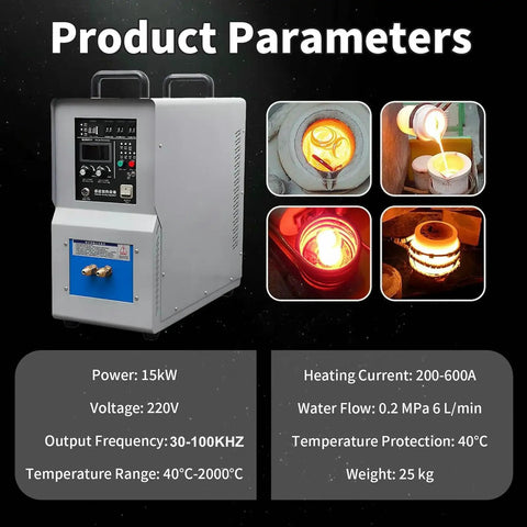 Pro Grade Dead Nuts Tough 15KW High Frequency Induction Heater For Steel Melting And Metal Quenching Welding With Smart Water Temp Guard and Advanced Variable Control, highlighting product parameters and controls.