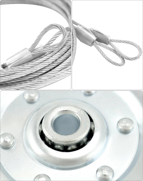 Heavy Duty Garage Door Cable And Pulley Replacement Kit With Two 3 Inch Stationary Pulleys And Two Galvanized Aircraft Cables 3/32 Inch And 1/8 Inch Diameter Plus 10 Fasteners Rust Resistant Steel For Overhead Sectional Doors, close-up images of cable ends and pulley bearing.