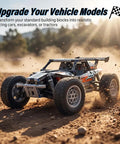 Top Tier Replacement Tires And Rims For Building Blocks 62 mm By 20 mm Rubber Wheels with a built vehicle model on a dirt track.