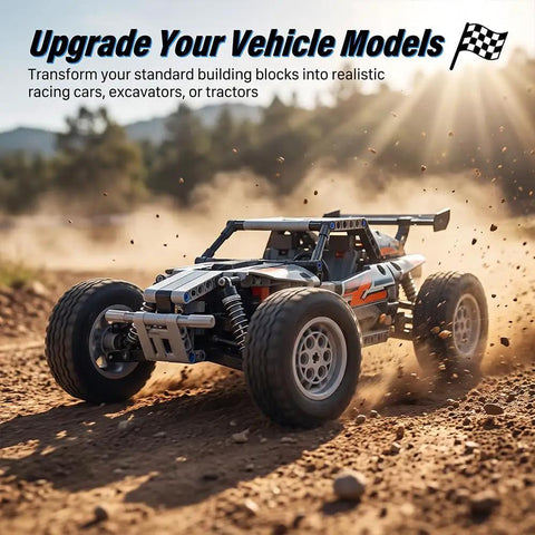 Top Tier Replacement Tires And Rims For Building Blocks 62 mm By 20 mm Rubber Wheels with a built vehicle model on a dirt track.