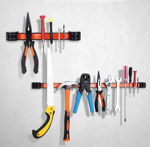 4 Pack Magnetic Tool Holder Bars 12 Inch Heavy Duty Wall Rack With Mounting Brackets And Screws holding various tools